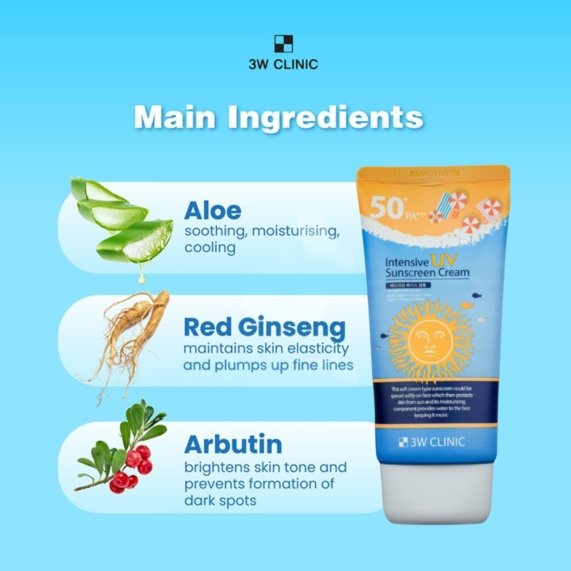 Sunscreen Cream - 3W Clinic Intensive UV Sunscreen Cream SPF50+ PA+++ 70 ml - SHOPEE MALL | Sri Lanka